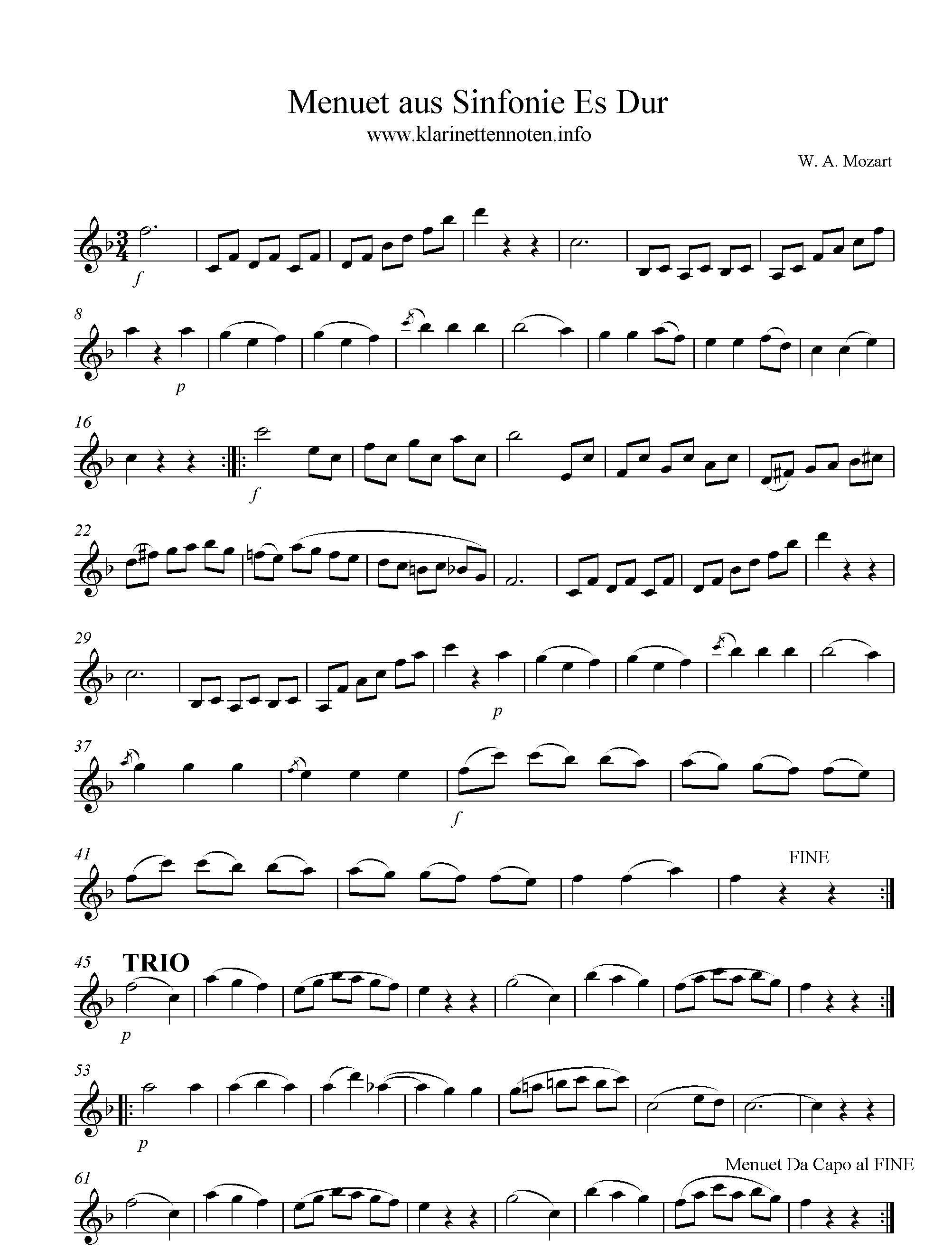 Menuet aus Sinfonie in Es, W. A. Mozart, Clarinet, Klarinette